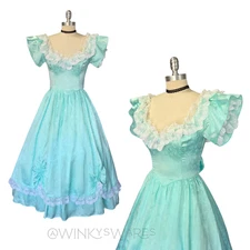 Gunne Sax Vintage 80s Princess Midi Dress Size S Fit & Flare Blue Satin Lace