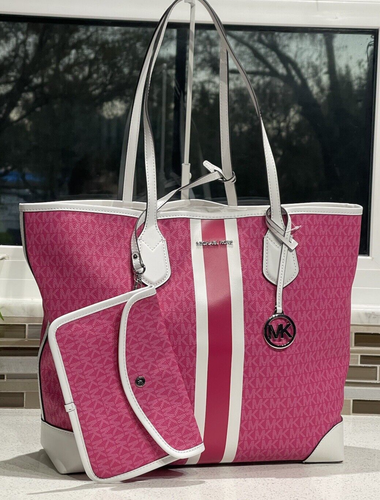 MICHAEL KORS EVA LARGE TOTE SHOULDER BAG POUCH MK DRAGONFRUIT PINK LOGO STRIPE - Picture 4 of 14
