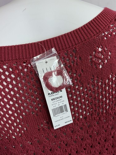 NWT ELLE Size Medium Open Knit Burgundy Sweater Dress Cuffed Short Sleeves - Picture 7 of 18