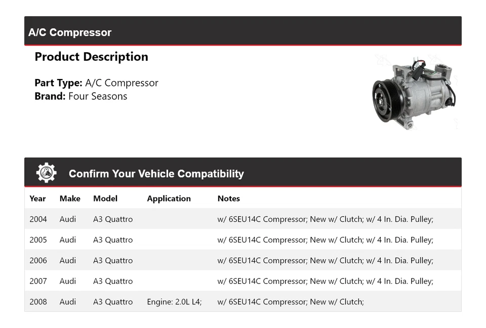 Compresor de aire acondicionado para Audi A3 Quattro 2004-2008 4 estaciones 2005 2006 2007 Foto 2 de 4