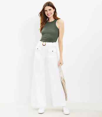 Loft Belted Wide-Leg Pants Womens sz 0 White Flap Pockets Cotton Blend Stretch