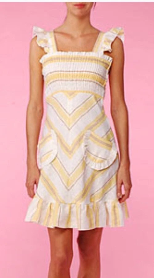 Betsey Johnson Linen Dress Stripes Yellow Pockets Ruffle Party Prom Sundress - Image 2 of 4