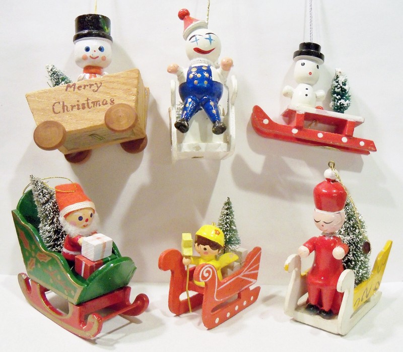 Snowman Clown Angel Santa Sleigh Sled Wagon Bottle Brush Tree Wooden Ornaments