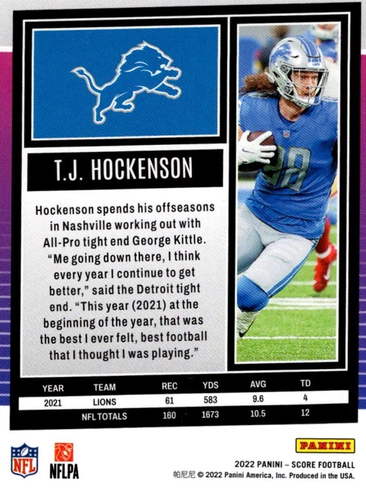 2022 Score T.J. Hockenson Detroit Lions #85 - Image 2 of 2