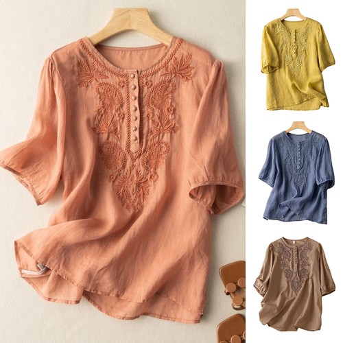 T-shirt Femme Lin Henley Boutonné - Manches Courtes, Coupe Fine, Style Rétro Bohème