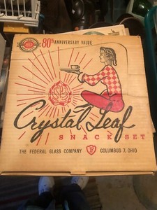 CRYSTAL LEAF SNACK SET FEDERAL GLASS COMPANY WOOLWORTH 80th ANNIV. 1959 IN BOX