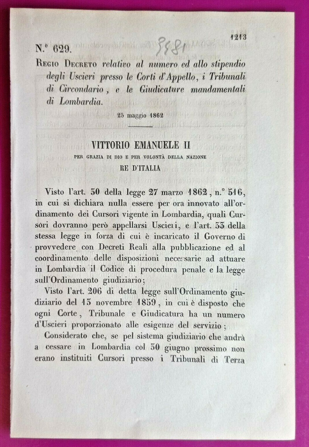LOMBARDIA 1862 REGIO DECRETO RELATIVO ALLO STIPENDIO DEGLI USCIERI-3481