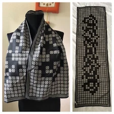 Vintage Sally Gee  Scarf Made in Japan Black White Silk Polyester 42.5 x 13"