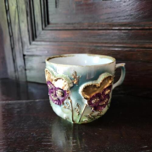 Antique Victorian German Floral Flowers Faces Remembrance Think of Me Mug Cup
