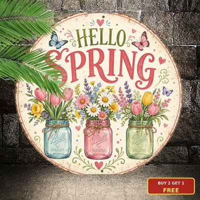 Spring Round Tulip Hello Sign Floral Welcome Porch Decor Metal Plaque 8x8
