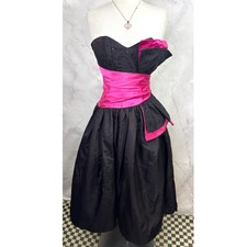 Vtg 80s Gunne Sax Strapless Prom Dress 3 XS Pink Black Satin Taffeta Pouf Gothic