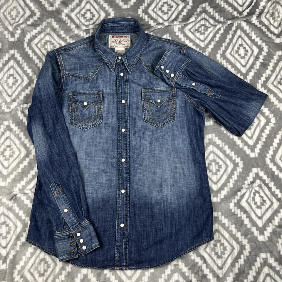 True Religion Jake Shirt Mens XL Slim Fit Blue Denim Pearl Snap Long Slv Cowboy - Image 2 of 4