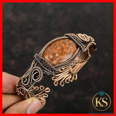 Sunstone Stone Copper Wire Wrapped Birthday Mother Sacral Chakra Cuff Bracelet