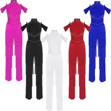 Womens Bodysuit Stage Jumpsuit Costume Dancewear Fringe Pants Rompers Dance