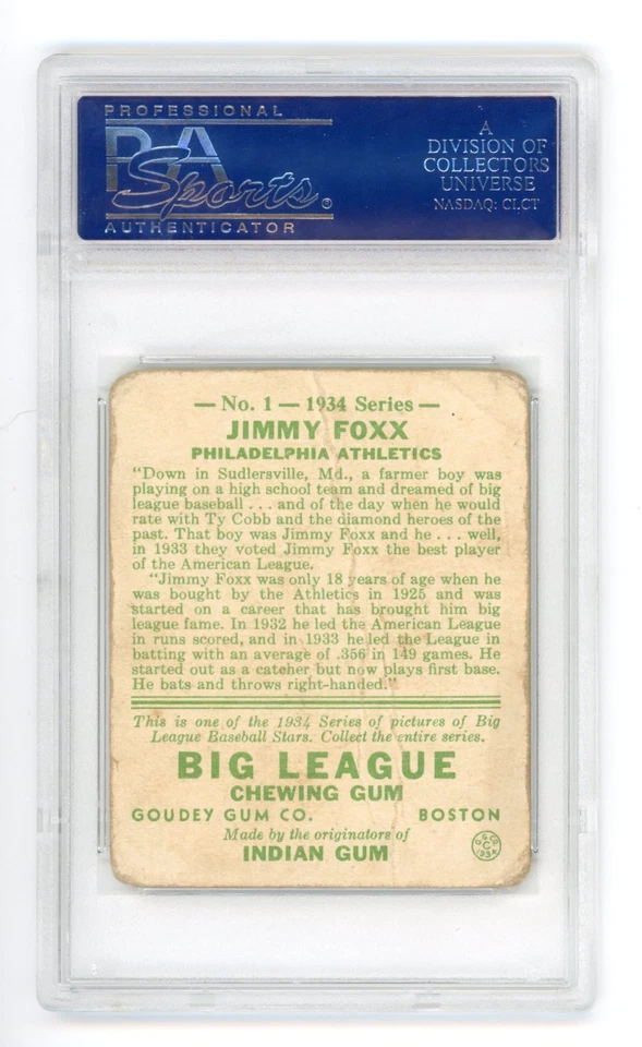 1933 Goudey Jimmy Foxx #1 Goma de mascar de las Grandes Ligas De colección Béisbol PSA 1 Foto 2 de 3