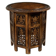 Solid Wood Accent End Table - Hand Carved Vintage Boho Folding Side Table - S...
