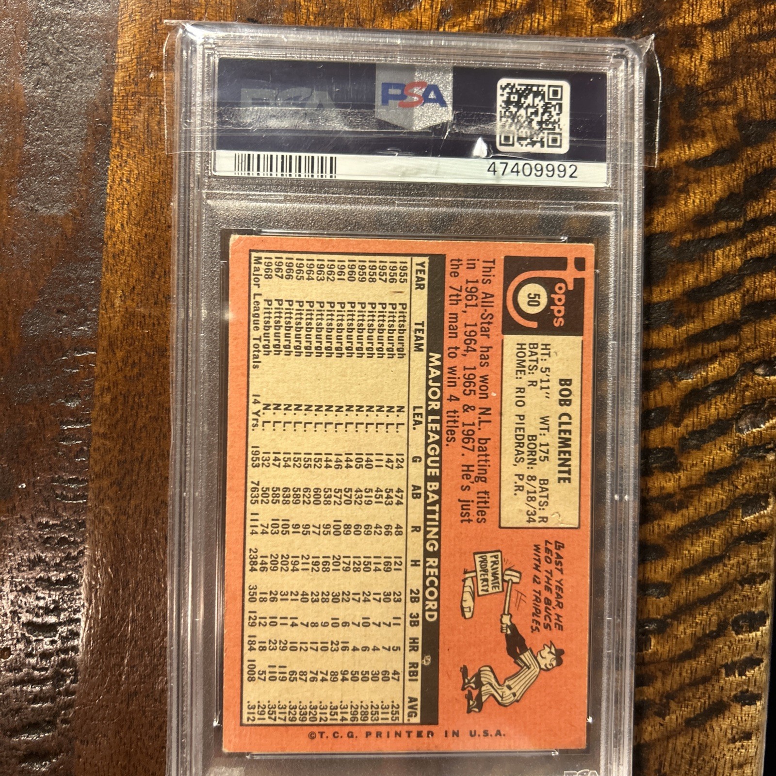 1969 Topps #50 Bob Clemente PSA 6 Ex-mt view 3
