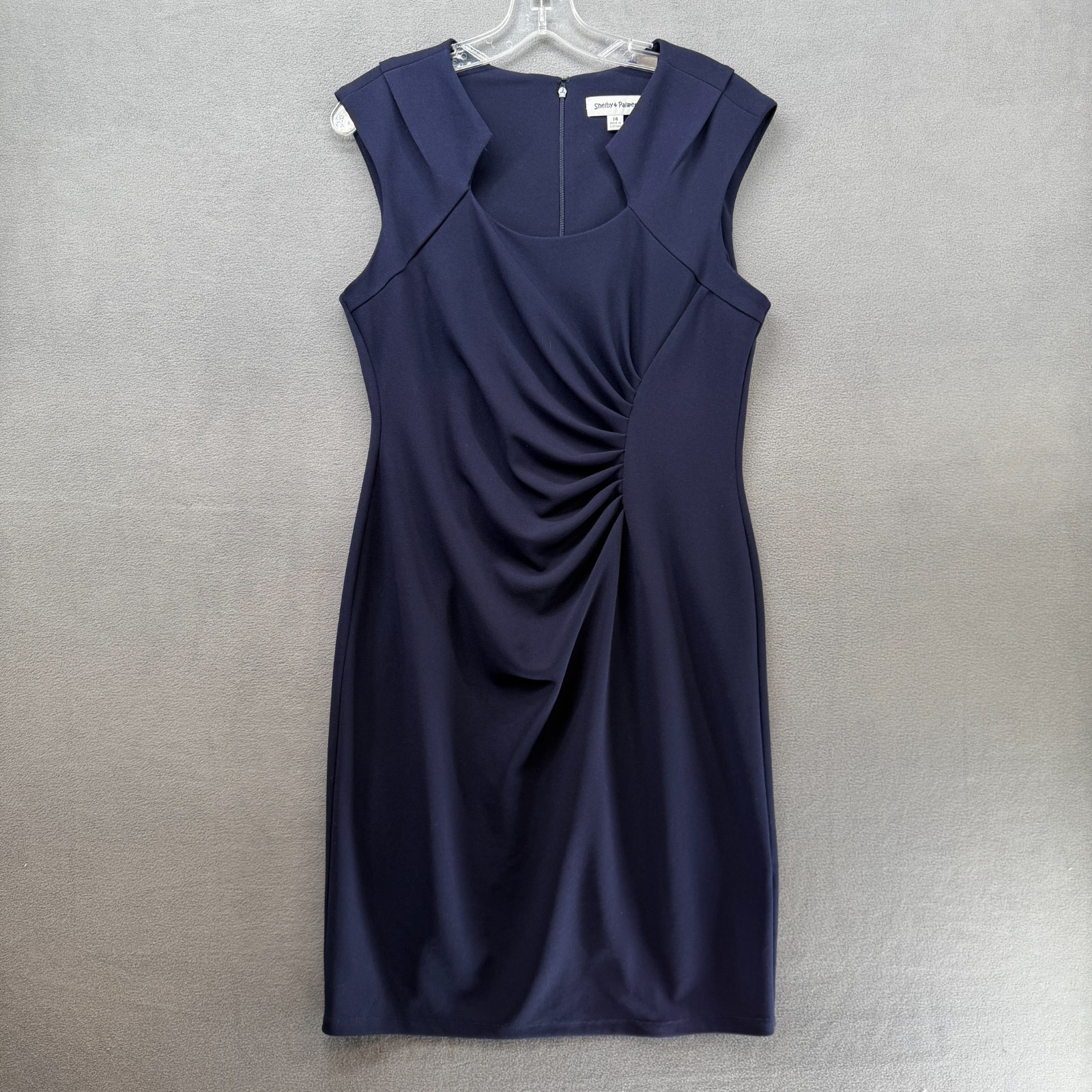 Shelby and Palmer Sheath Dress Womens 14 Navy Blue Stretch Draped Front Pleated