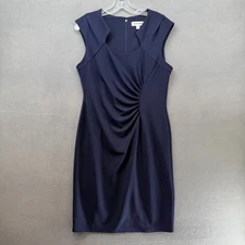 Shelby and Palmer Sheath Dress Womens 14 Navy Blue Stretch Draped Front Pleated