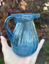 Vintage Aqua Blue Mini Pitcher. Ribbed Optical Bubble Glass. 4” W Handle Pontil