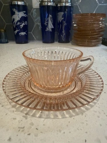 Anchor Hocking Queen Mary Pink Cup and Indent Saucer Depression Glass
