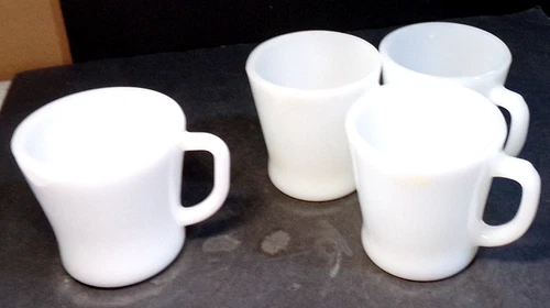 Lot of 4 VINTAGE Anchor Hocking FIRE KING White Glass D Handle Coffee Mugs 8 oz