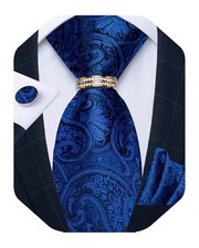 Mens Tie Set Silk Necktie and Gold Tie Ring Pocket Square 06 Blue Paisley
