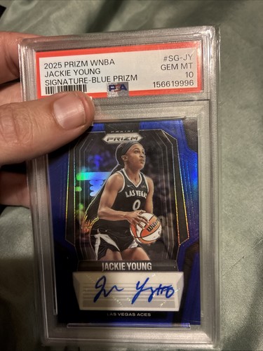Panini 2025 Prizm WNBA Jackie Young Las Vegas Aces Blue Prizm 1/75 Auto PSA 10