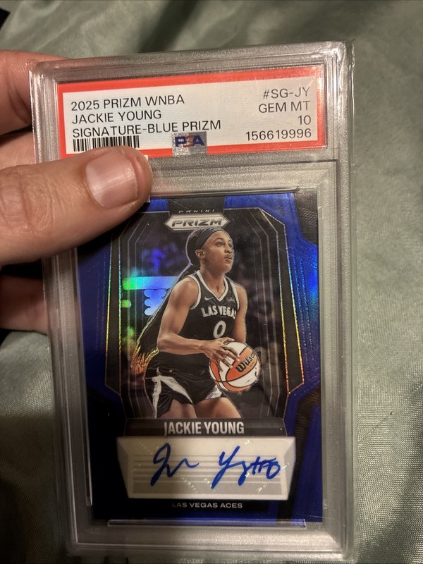 Panini 2025 Prizm WNBA Jackie Young Las Vegas Aces Blue Prizm 1/75 Auto PSA 10