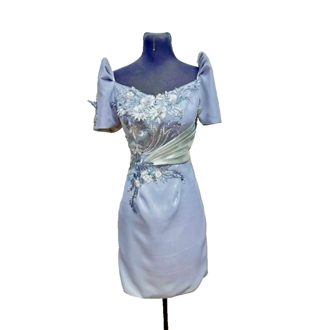 Modern Filipiniana Midi Chiffon Fabric Mestiza Sleeve Dress BUY - Main Image