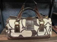 Coach Brown Beige Satchel Top Handle Bag, Buckle Accents, Logo, Inner Pockets