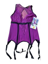 Coquette Garter Slip Womens M/M Purple Lace Mesh Hook  Eye Boned Waist 4092