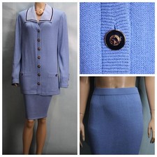 St John Collection Blue Jacket Skirt L Size 10 8 2pc Suit Buttons Collar Pockets