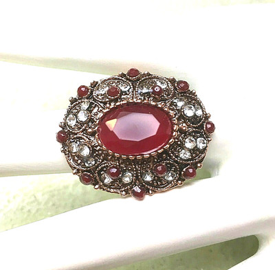 Cocktail Ring Costume Jewelry Red Clear Rhinestones Adjustable Runway Urban Glam