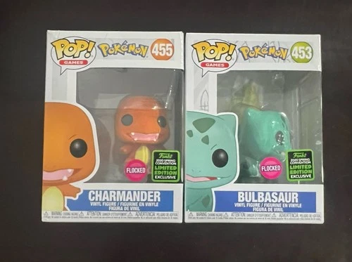 Funko Pop! POKEMON BULBASAUR #453 & Charmander 455 Flocked 2020 Spring Conv LE