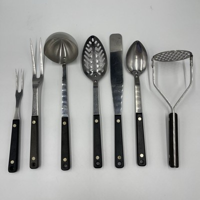Vintage 7 EKCO Flint Arrowhead Stainless Kitchen Utensils Set Black Handles