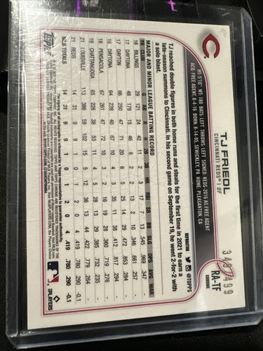 2022 Topps Chrome - Rookie Autographs T.J. Friedl #RA-TF Refractor /499 (AU, RC) - Picture 2 of 2