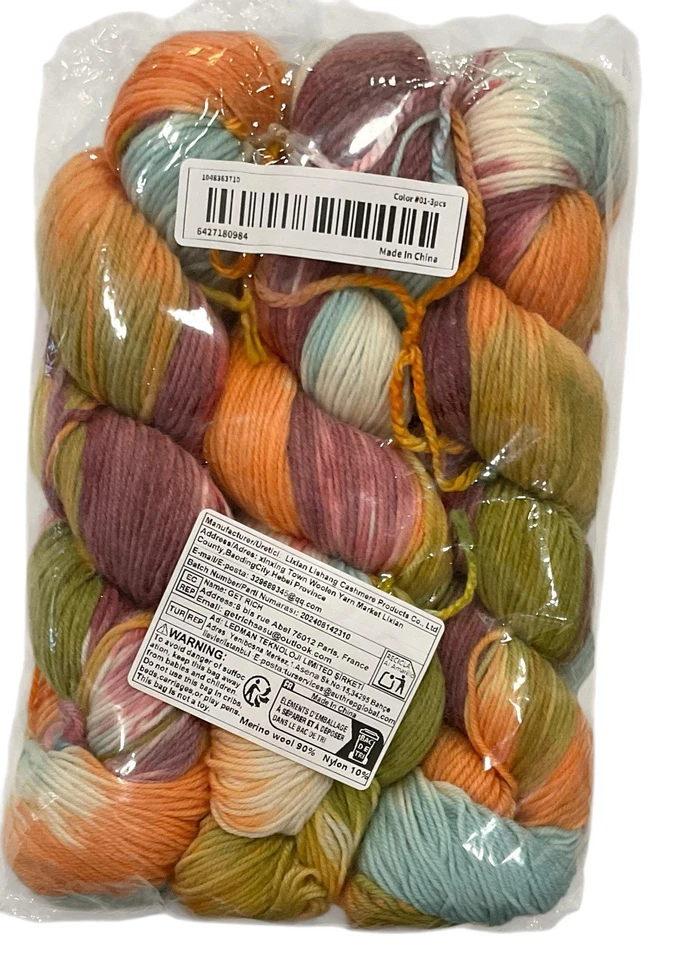 3-Merino Wool Yarn Hanks Maroon Orange Light Blue Green Tye Dye 3.6 Oz Each - Image 2 of 2