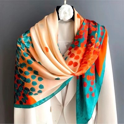 Beautiful Silk-Like Satin Printed Square Scarf in Turquoise and Orange