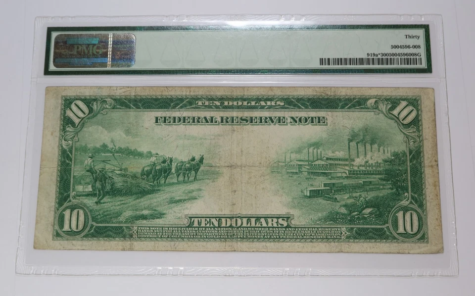 1914 PMG VF30 | US Blue Seal Silver Certificate Ten Dollar $10 Star Note #39588F - Image 2 of 2