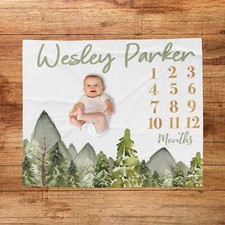 Personalized Forest Baby Milestone Blanket - Custom Name Green Mountains