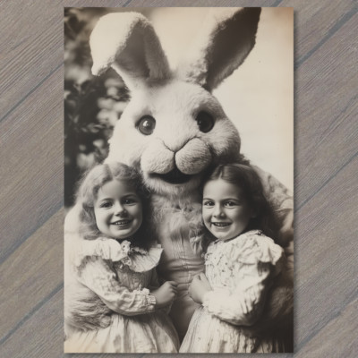 POSTCARD Spooky Easter Bunny Twins Retro Outfit Haunting Weird Strange Bizarre