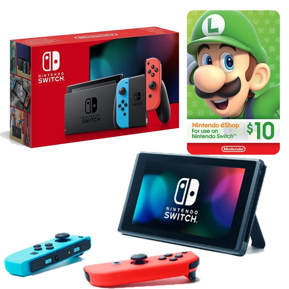 ⭐Consola Nintendo Switch Rojo Neón Azul Joy Con 32GB + Tarjeta de Regalo eShop de $10