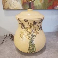 Vtg Stoneware Pottery Lamp Matte Crackled Ginger Jar Floral LN Buttercup Iris