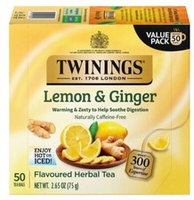 Twinings Lemon Ginger Herbal Tea Bags, Caffeine Free, 50 Count Box