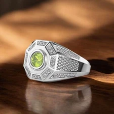 Peridot Round Cut Gemstone With 925 Sterling Silver Ring For Men's #A172 *