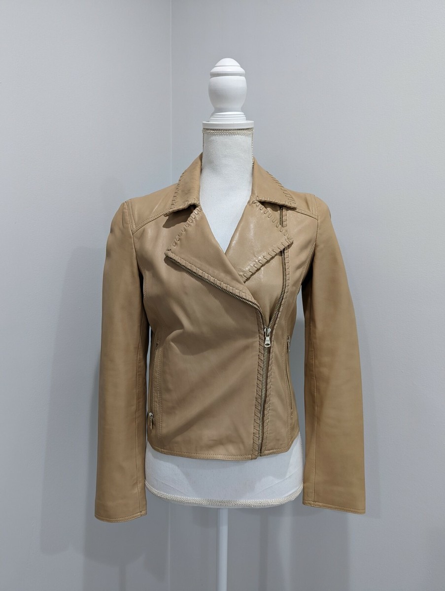 Massimo Dutti Beige Biker Leather Jacket 4709/806 (Sz S) | eBay