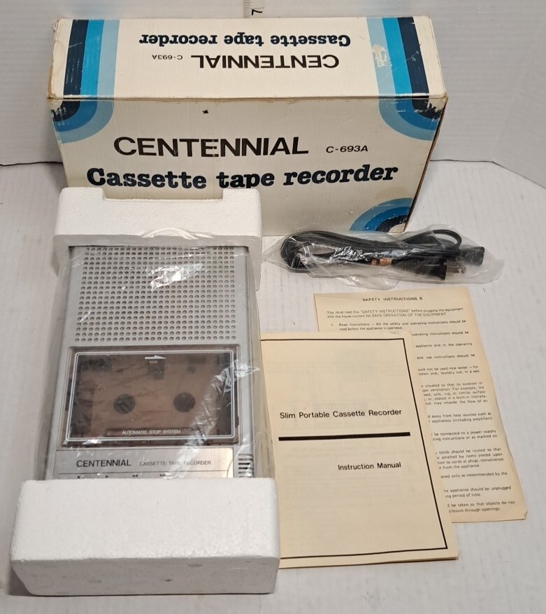 Cassette Tape Recorder Centennial Slimline Vintage C-693A Power Cord or Battery