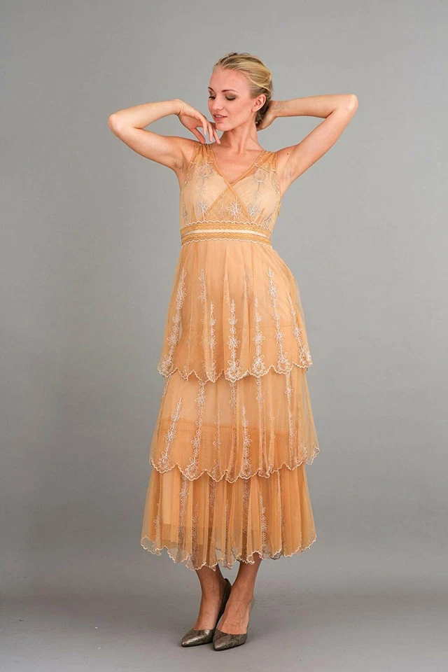 Nataya Dress Layered Formal tan-gold S Gatsby Victorian Lace NWT wedding #40235 - Image 3 of 4