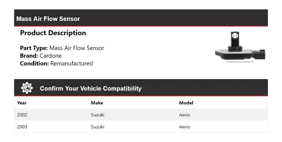 Sensor de flujo de aire de masa Cardone para Suzuki Aerio 2002-2003 Foto 2 de 4
